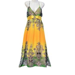 𝅺LONG Yellow Green Spaghetti Strap Polyester Gown- NWOT